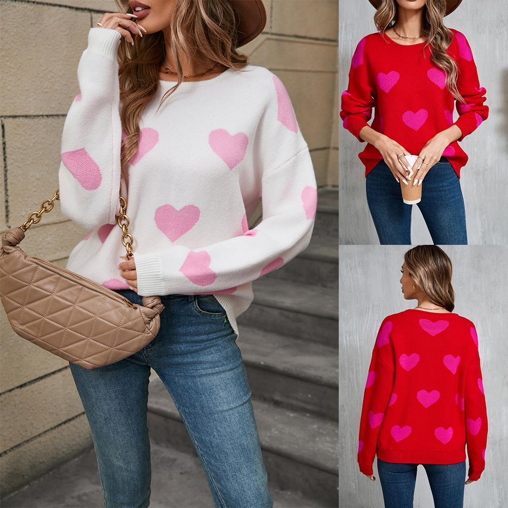 Зимний женский свитер Love Valentine's Day Pullover Heart Color Clash Sweater