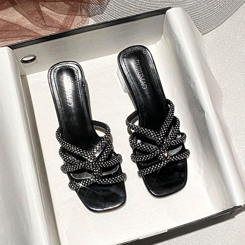 2025 spring and summer new rhinestone thin belt transparent crystal thick heel European and American square head fashion cool heels, versatile ou