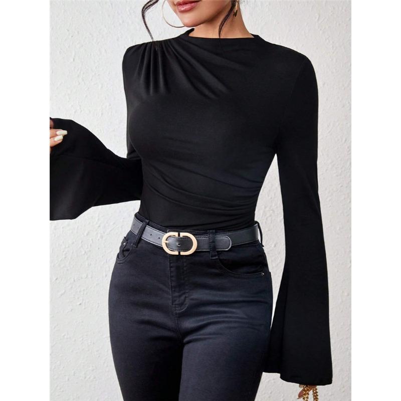 Autumn Versatile Pleated Top with Flared Sleeves Stand Up Collar Slim Fit Women's T-shirts