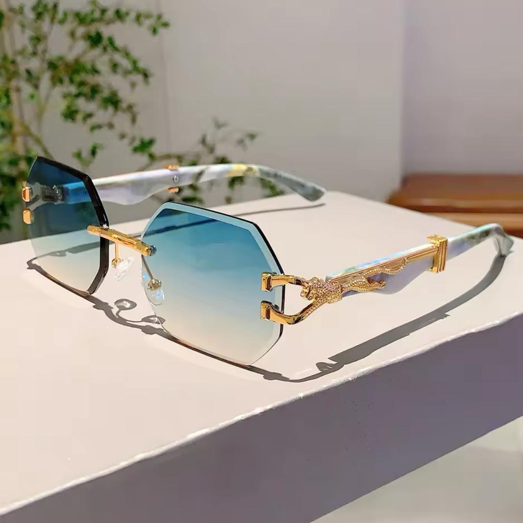 Y2K Rimless Octagon Sunglasses Women Men Luxury Vintage Punk Gold Leopard Head UV400 Sun Glasses