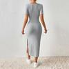 Women Summer Dress Square Neck Split Hem Knitted Elastic Skinny Solid Color Mid-calf Length Short Sleeves Lady Party Commute Midi Dress