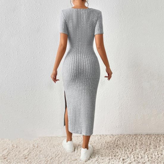 Women Summer Dress Square Neck Split Hem Knitted Elastic Skinny Solid Color Mid-calf Length Short Sleeves Lady Party Commute Midi Dress