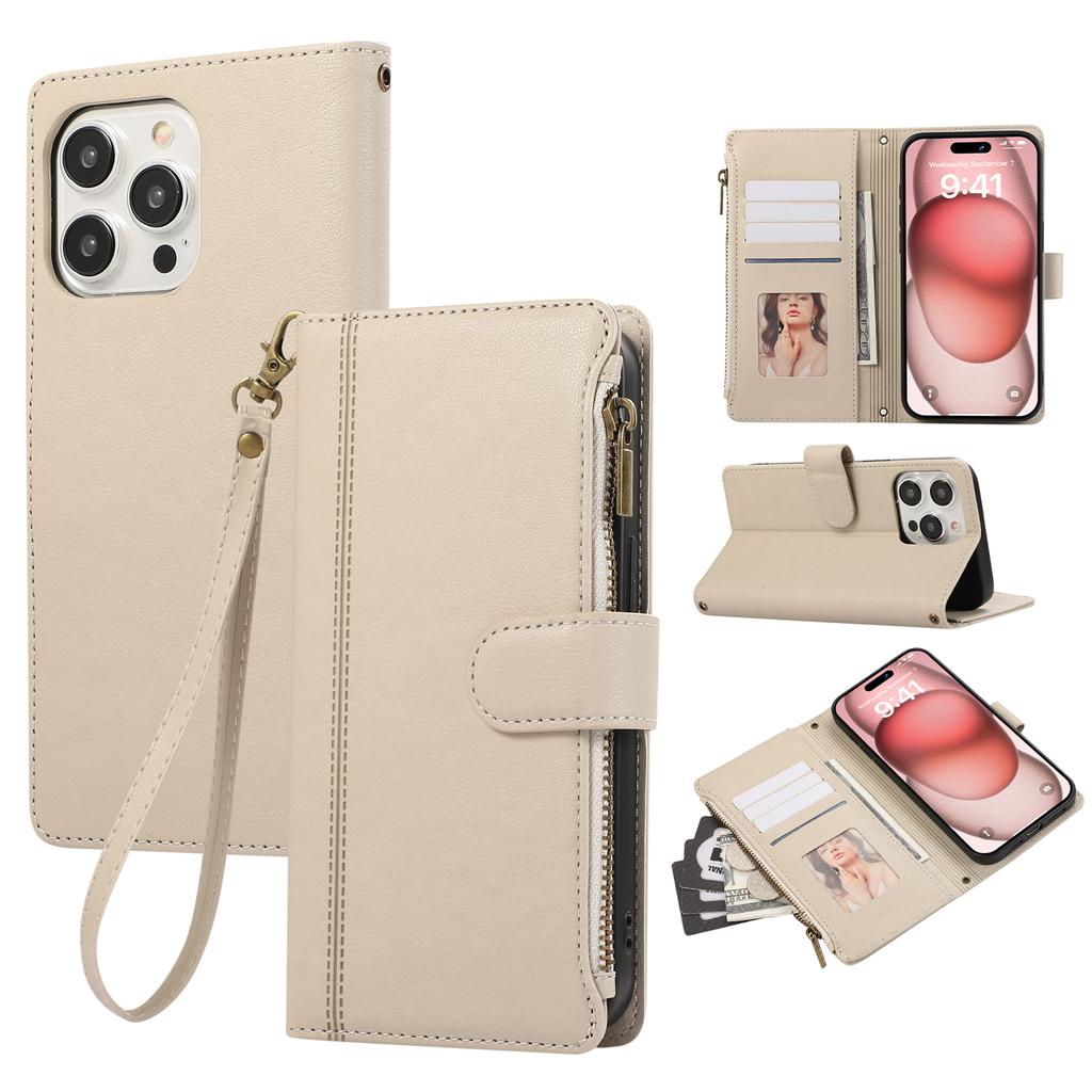 For iPhone 15 Pro Case Multi Card Slots Zipper Leather Phone Cover with Wrist Strap