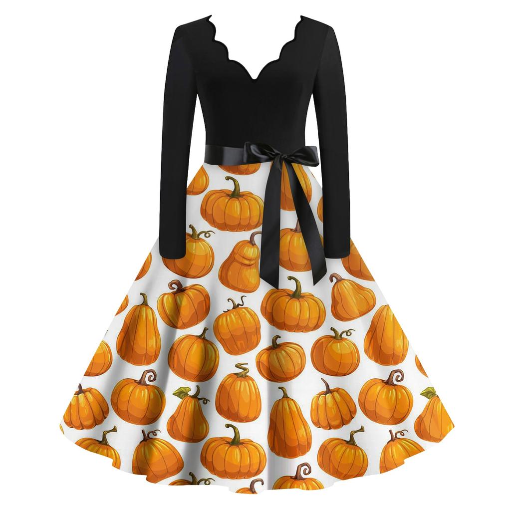 Женские повседневные модные винтажные длинные платья с длинным рукавом на Хэллоуин и графическим принтом
