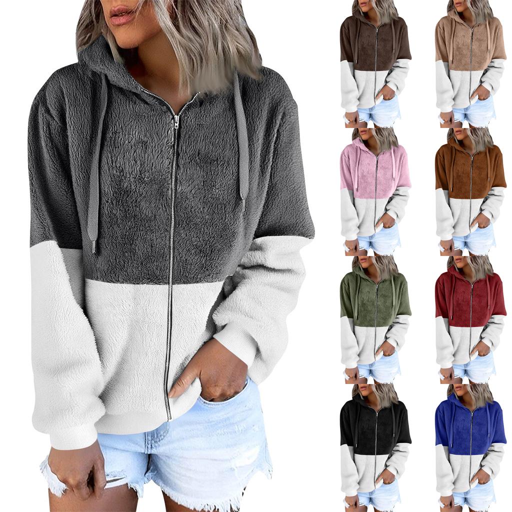 Women's Fashionable Warm Fleece Solid Color Hoodie Zipper Pocket Casual Jacket