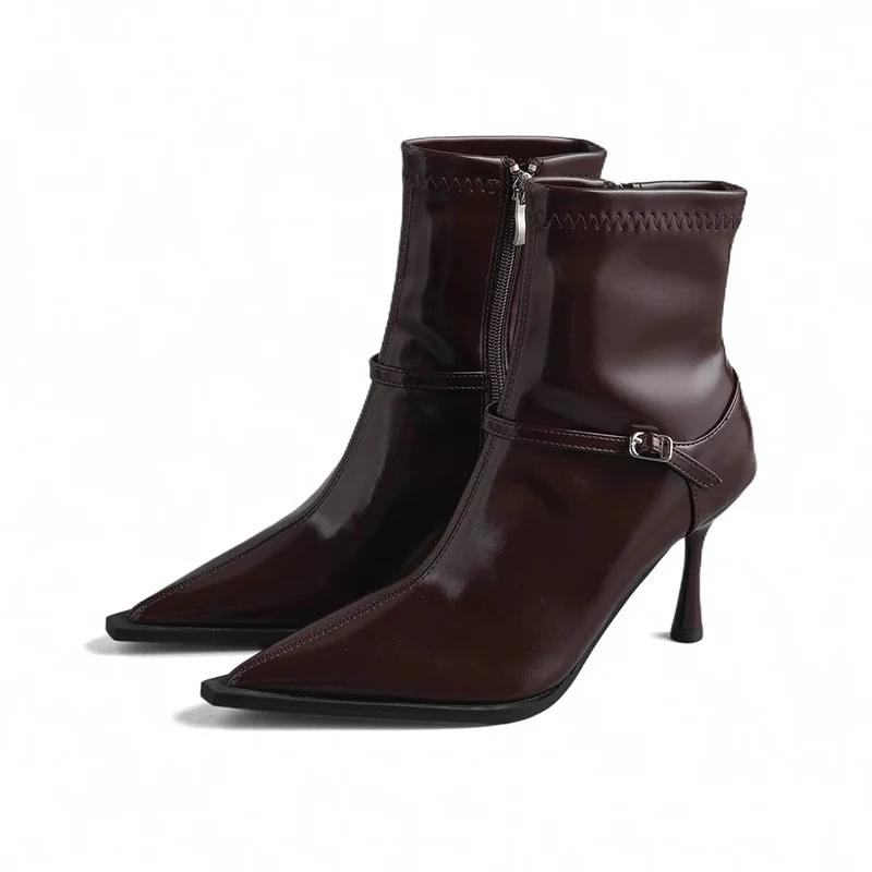 Кожаные женские ботильоны на высоком каблуке с острым носком, модная сексуальная обувь, новый бренд 2025 года, дизайнерские туфли-лодочки, зимние туфли Botas De Mujer