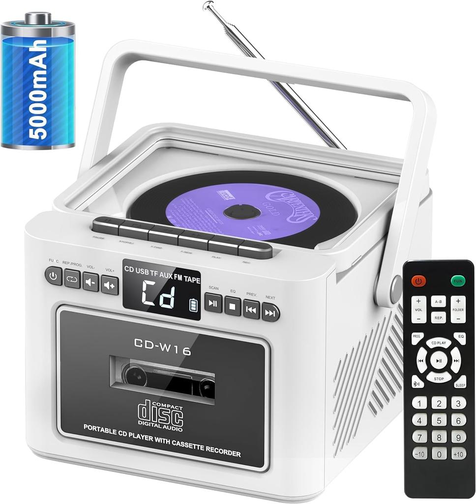 Boombox CD Player Portable with Cassette Player, Portable Radio with Bluetooth, Boom Box with Stereo Sound, Powered by 5000mAh Rechargeable Battery