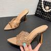 High Quality Handwork Embroidery Hemp Women Slippers Sandals Sexy Pointed Toe Gold Heels Mules Summer Party Slides Shoes