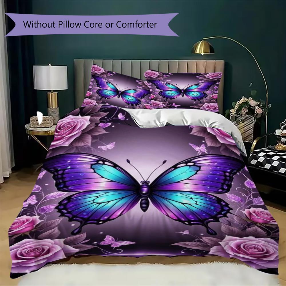 Purple Blue Butterfly & Rose Bedding Set, Floral Insect Design 3PCS Duvet Cover Set(1 * duvet cover + 2 * pillowcase, without core)