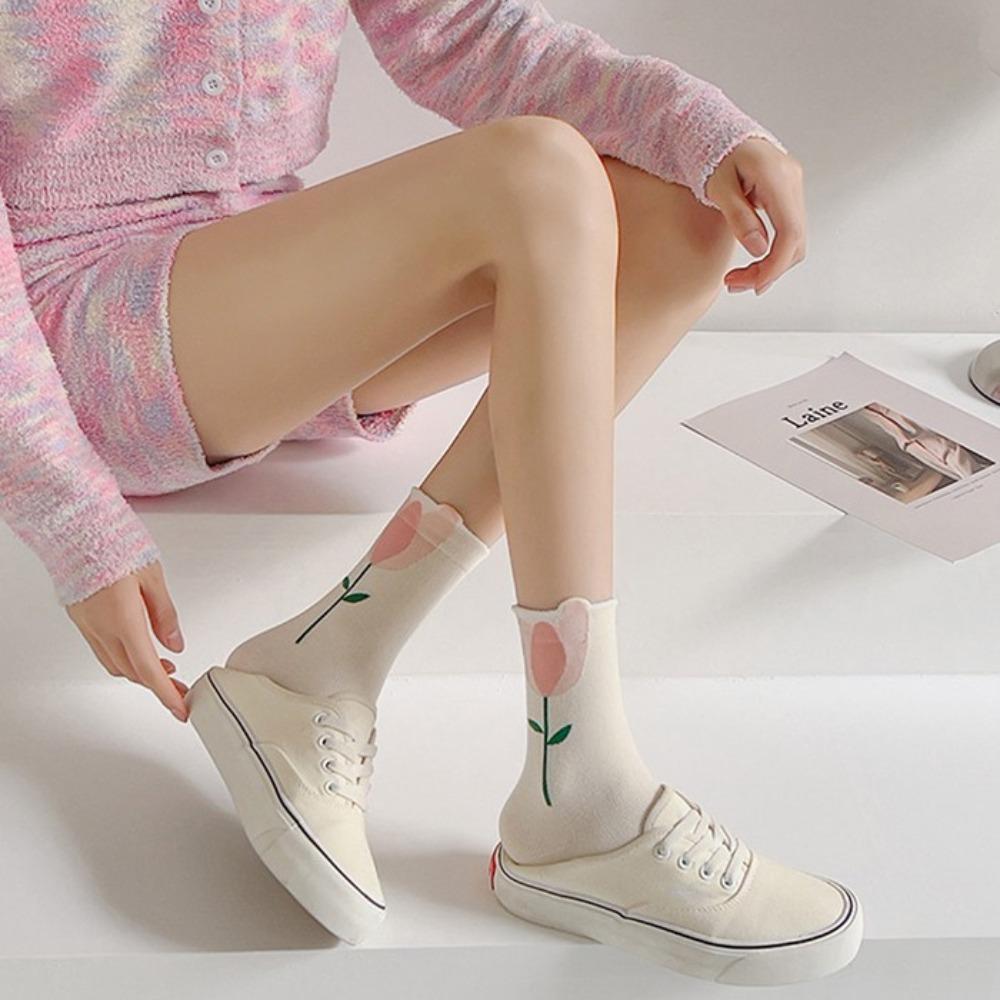 Женские носки конфетного цвета с рисунком тюльпана, носки средней длины для женщин