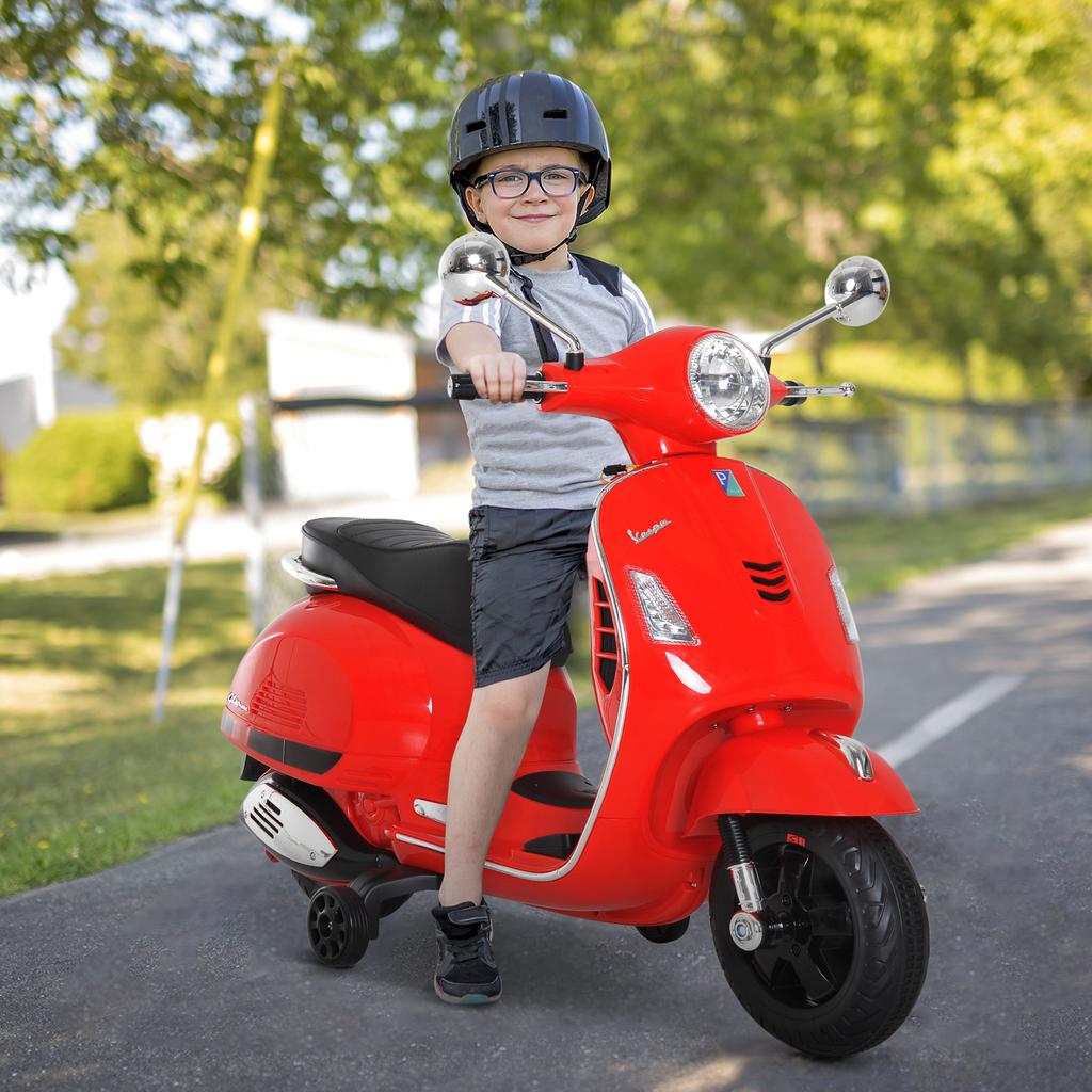 Vespa Scooter Kids Electric Motorcycle 6 V dim. 102L x 51W x 76H cm Music MP3 USB Port Horn Headlight Rear Light Red