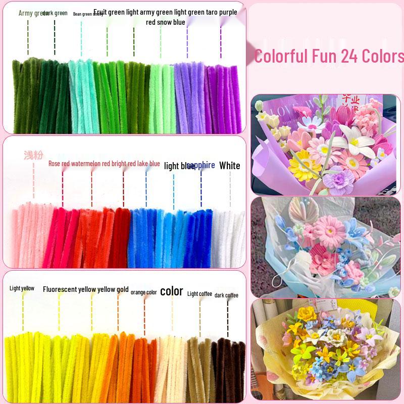 Thickened White Chenille Pipe Cleaners - Mixed Colors for DIY Bouquet Crafts