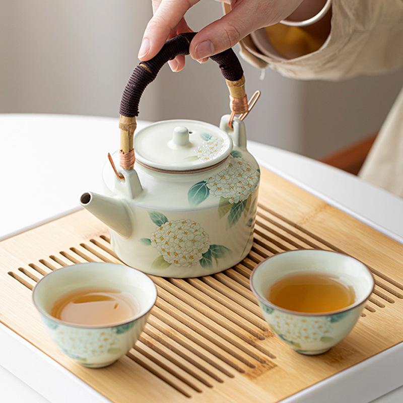 Beige Ru kiln beam pot hydrangea teapot to make tea Household Kung Fu tea set Open ceramic pot Single pot Large capacity