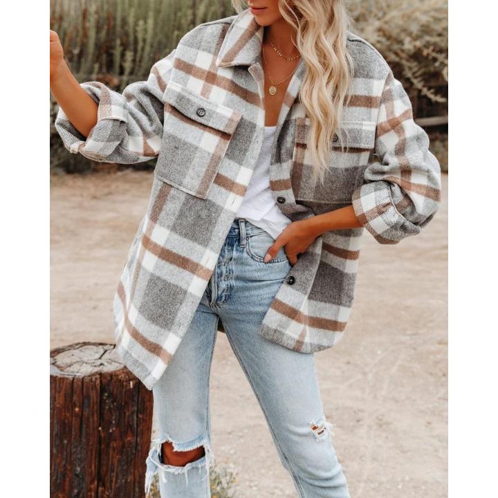 Autumn and Winter Women's Shirt Jacket Plaid Button Flannel Tweed Shirt Jacket Tops