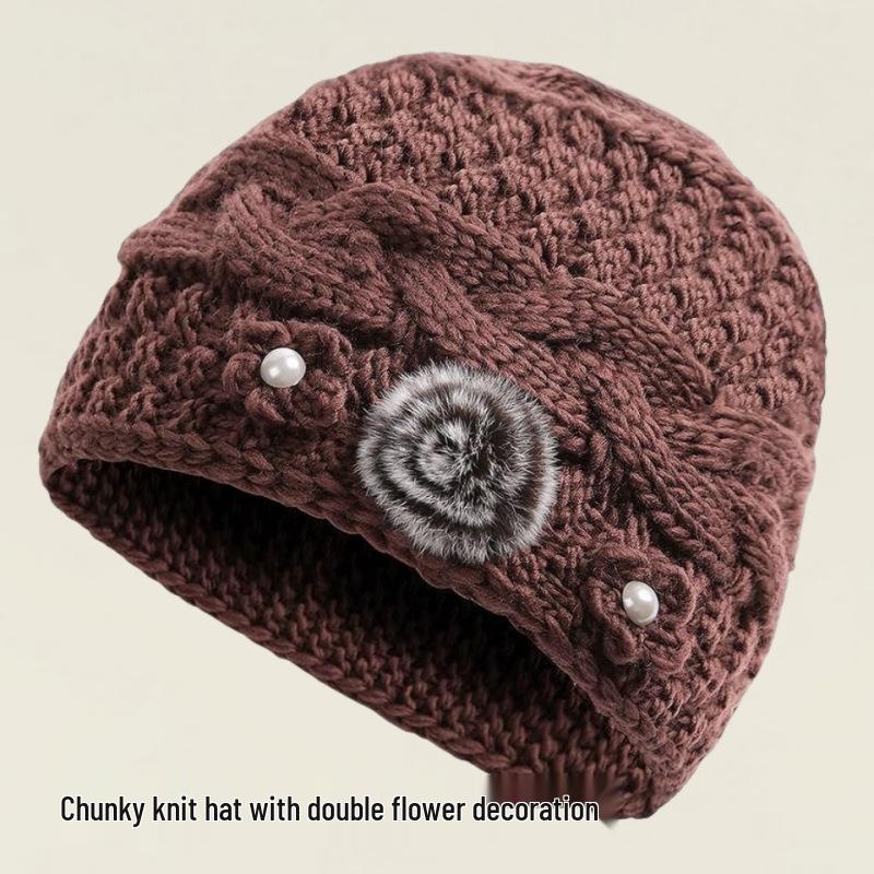 Теплая вязаная шапка на флисовой подкладке с защитой ушей для пожилых женщин