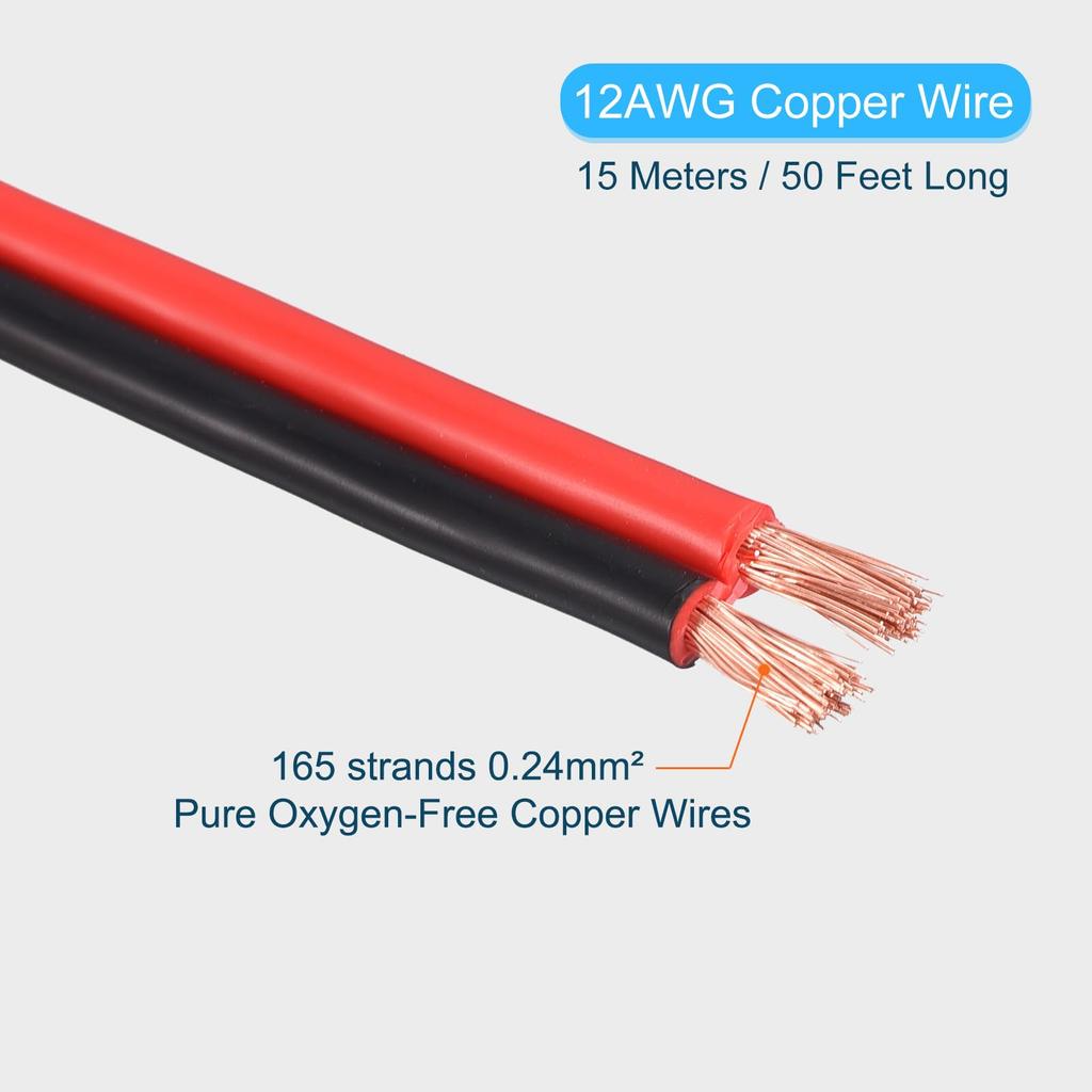 uxcell 2468 12AWG 15m PVC Copper Wire Cable, Red and Black, for LED Strip Lamp Lighting