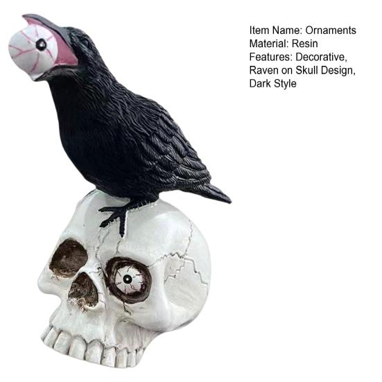 yangyizhi Raven on Skull Halloween Home Decor, Gothic Crow Statue, Bird Perching Skeleton Figurine, Macabre Ossuary Sculpture