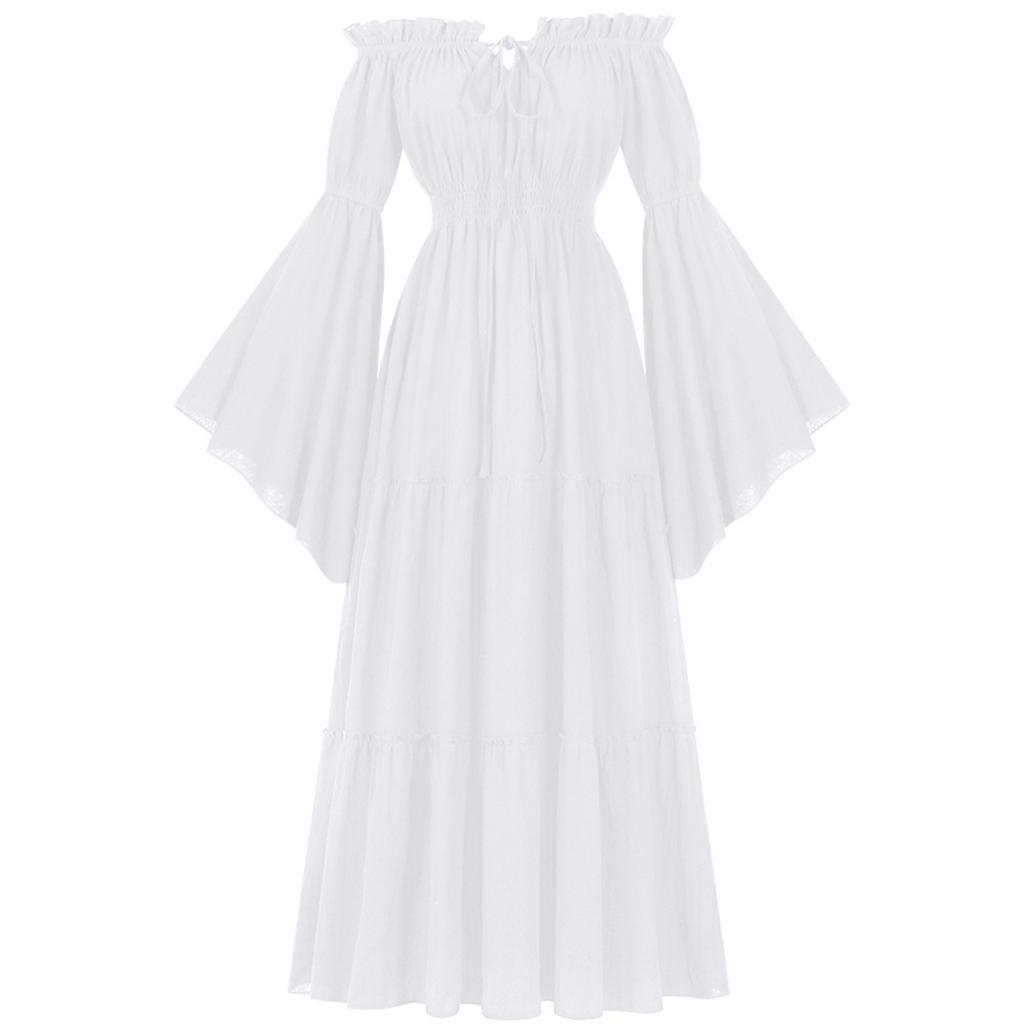 Women's Off-Shoulder Dress Bell Solid Color Long Sleeve Elastic Tiered Flowy Long Dresses Costume