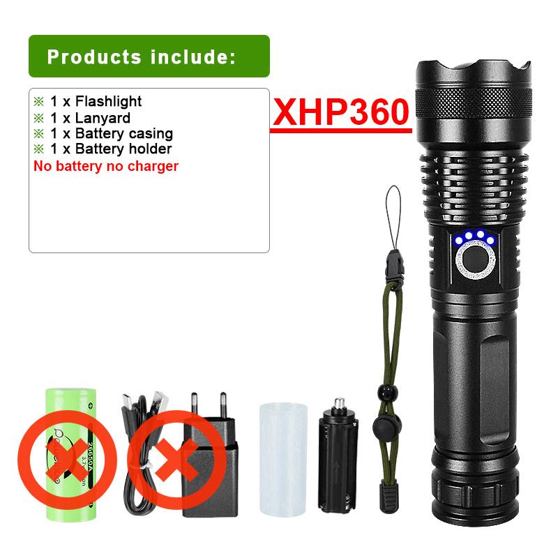 High Power XHP360 Flashlight Zoomable Torch 90000LM Lamp Self-protection Lantern Waterproof Flash Light Long Range Torch Light
