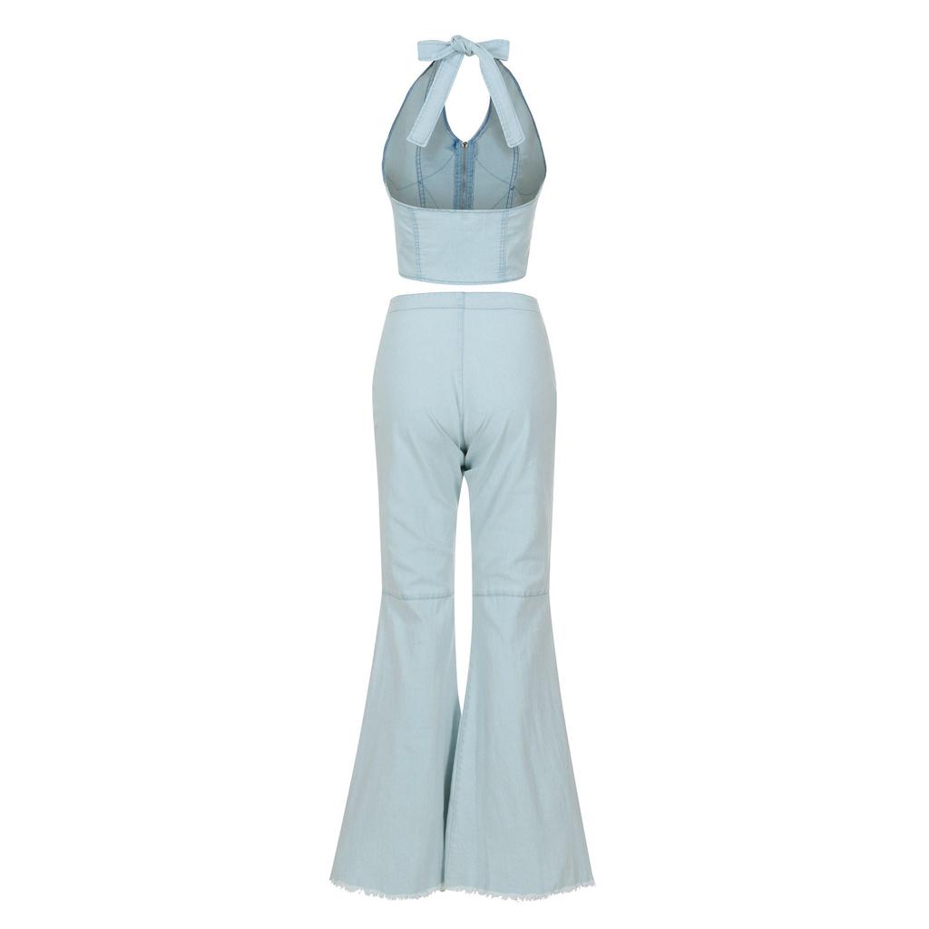 Womens Button Zipper Pocket Jeans Casual Denim Flares Sexy Set Tops Pants Suit