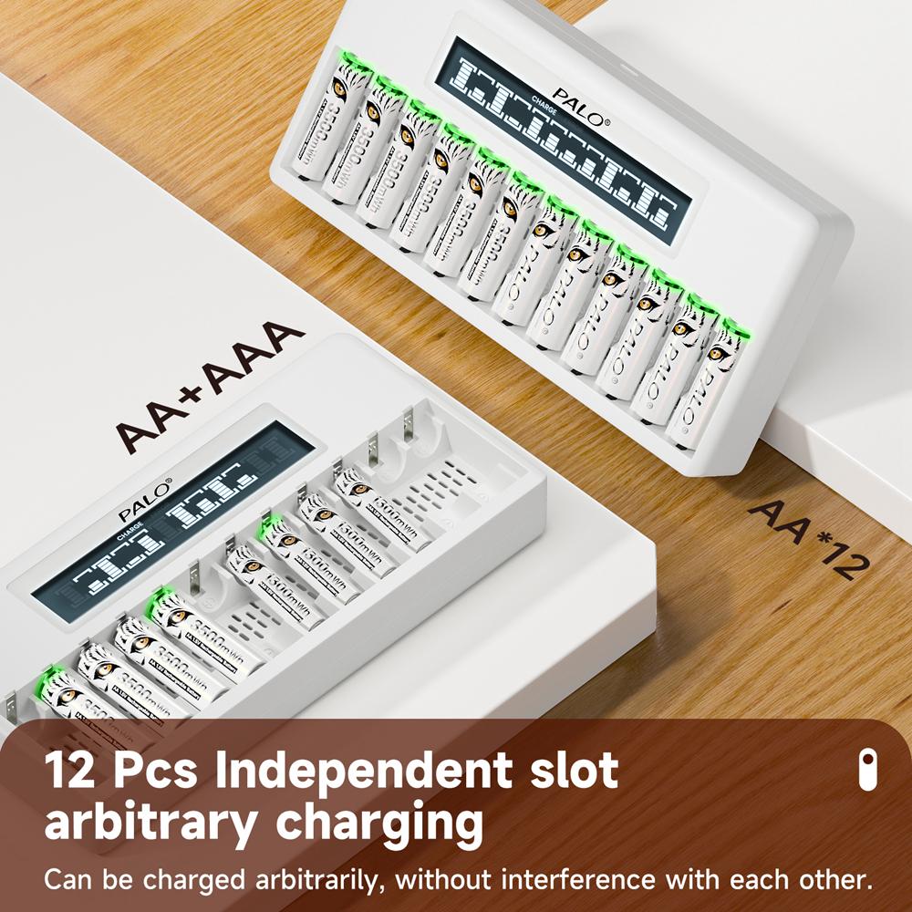 PALO 4-40 Pcs Rechargeable AA+AAA 1.5V Li-ion Batteries 3500+1300 mWh HR6 HR03 Battery with 12 Slots LCD USB 1.5V Li-ion Battery Charger
