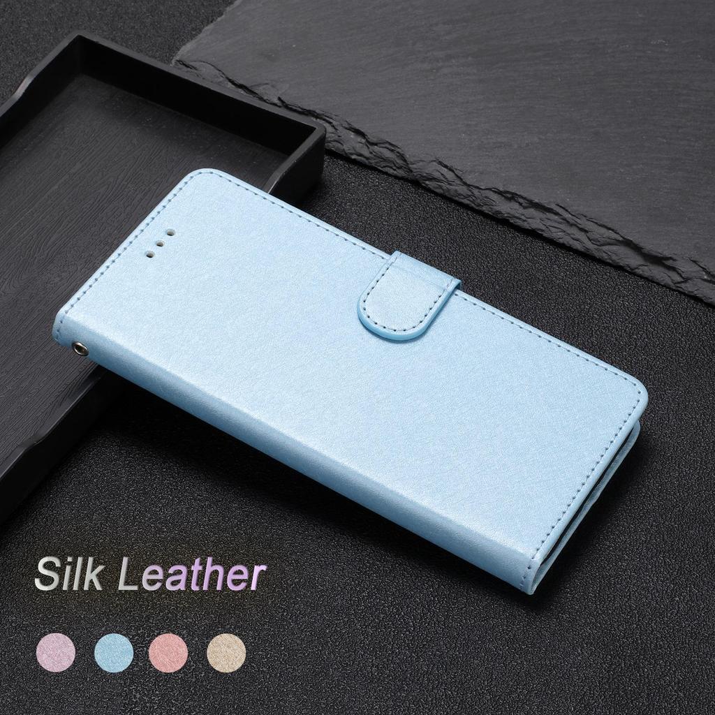 Classics Smooth Silk Leather Phone Wallet Case Book Kickstand For iPhone Samsung Xiaomi Redmi Google Moto Pro Solid Girls Magnetic Card Flip Cover Bag
