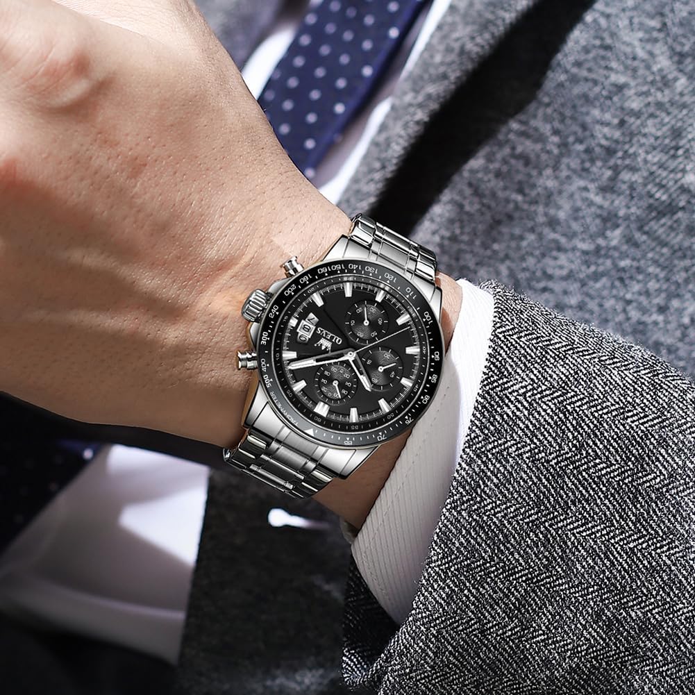OLEVS Watch Men Quartz Stylish Multifunction Stainless Steel Waterproof Luminous Date Analog Fashion Student Business Watch for Men Black