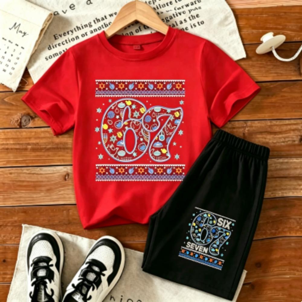Fashion Number 67 Printed 15 Colors Outdoor Street Men's T-shirt and Shorts 2 Piece Set Summer Home Casual Outfit Men's and Women's Sports Set