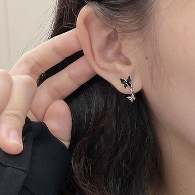 Серьги-пусеты «Черная бабочка», Изысканные и холодные серьги с уникальным дизайном «Двойная бабочка», Горячий тренд ранней осенью