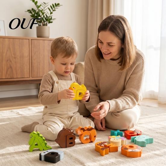 Animal Themed Letter Blocks Alphabet Puzzle Matching Game, Wooden Block, ABC Preschool Learning Toy for Toddlers Boys Girls Identification Toys