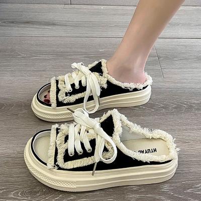 Женские парусиновые тапочки на плоской подошве, женская повседневная обувь на шнуровке, женские модные тапочки на платформе, женские джинсовые пляжные сандалии с открытым носком2024
