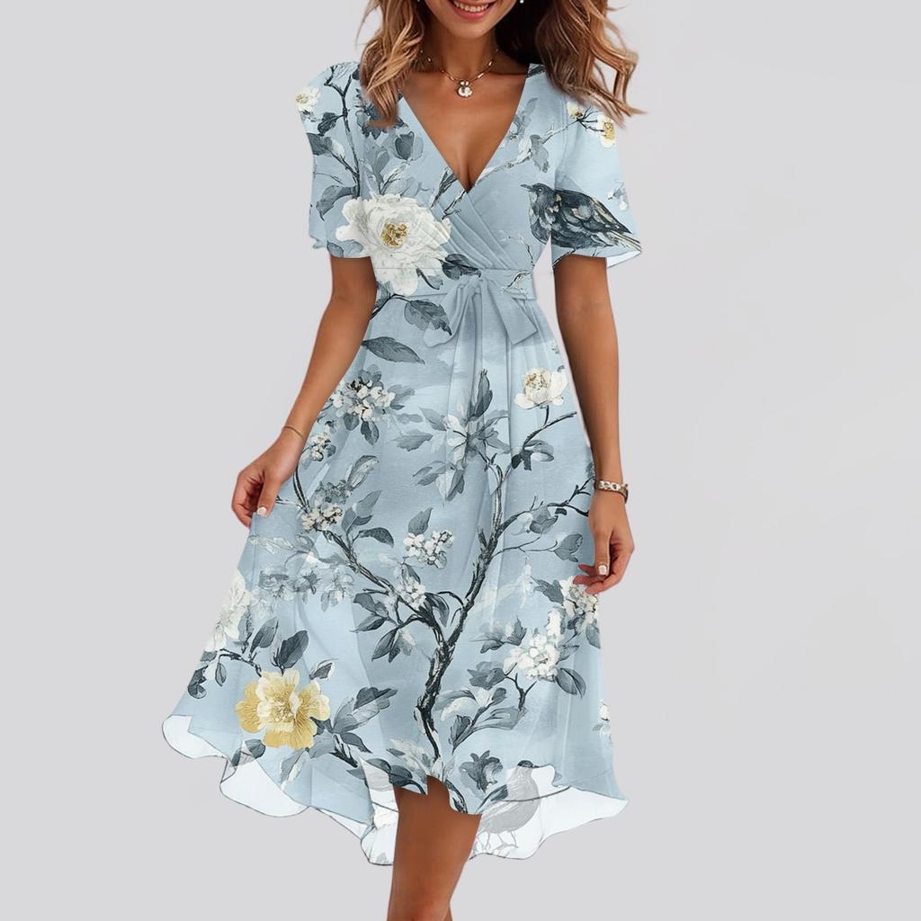 Women's Fashion Casual V Neck Short Sleeve Ruffled Vintage Printed Dresses