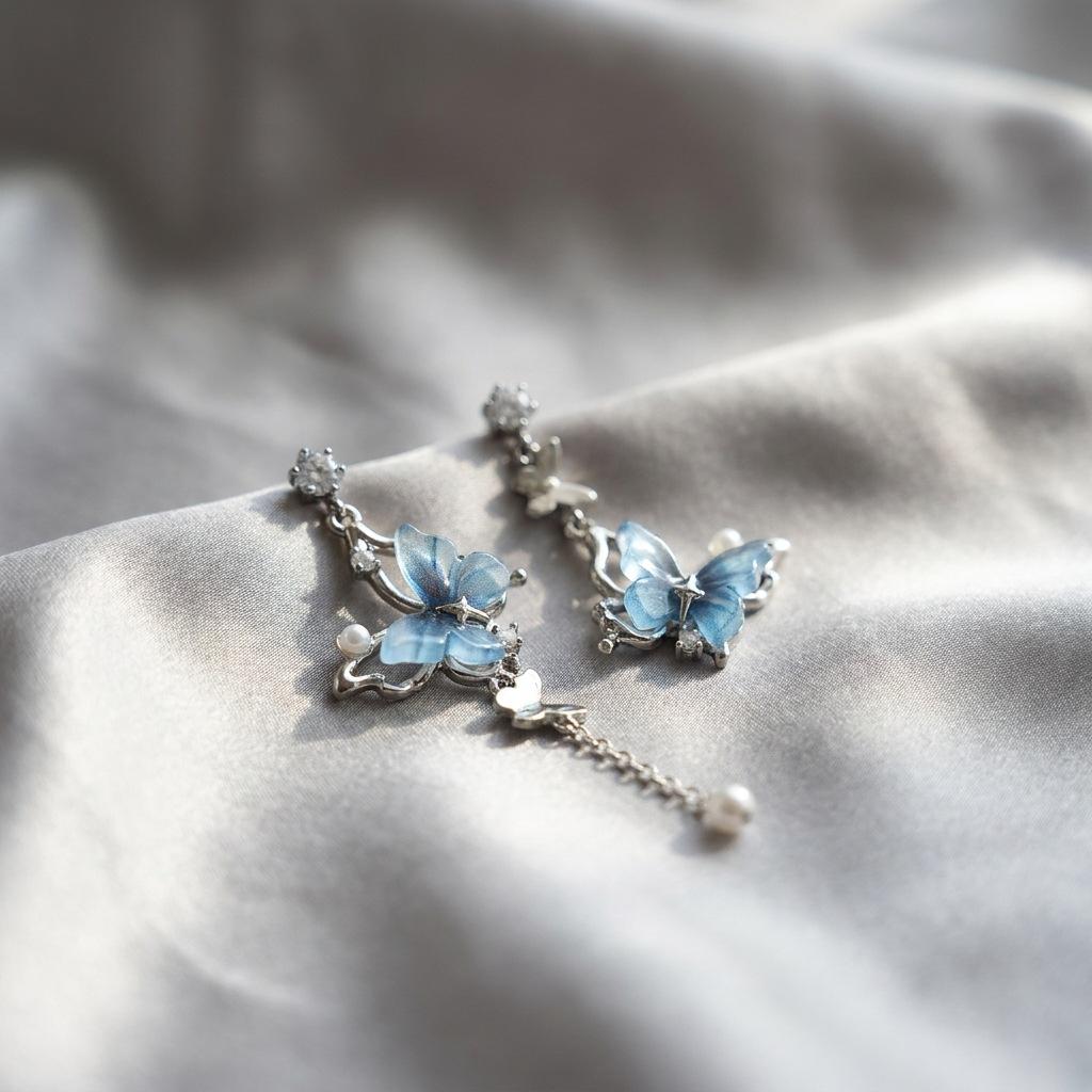 Copper alloy gradual change blue butterfly long earrings niche cold fairy gas fringed earrings sweet cool girl thin earrings