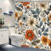 1 шт. Бесшовная винтажная ботаническая цветочная шторка для душа с цветами оранжевого/белого/светло-голубого цвета и текстурированными зелеными листьями - Полиэстер