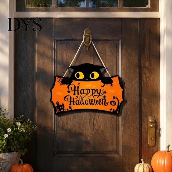 Holiday Home Wall Decorations Halloween Wooden Door Hanging Plaque, Printed Black Cat Pumpkin Castle Spider Web Front Autumn Festival Ornaments Sign,