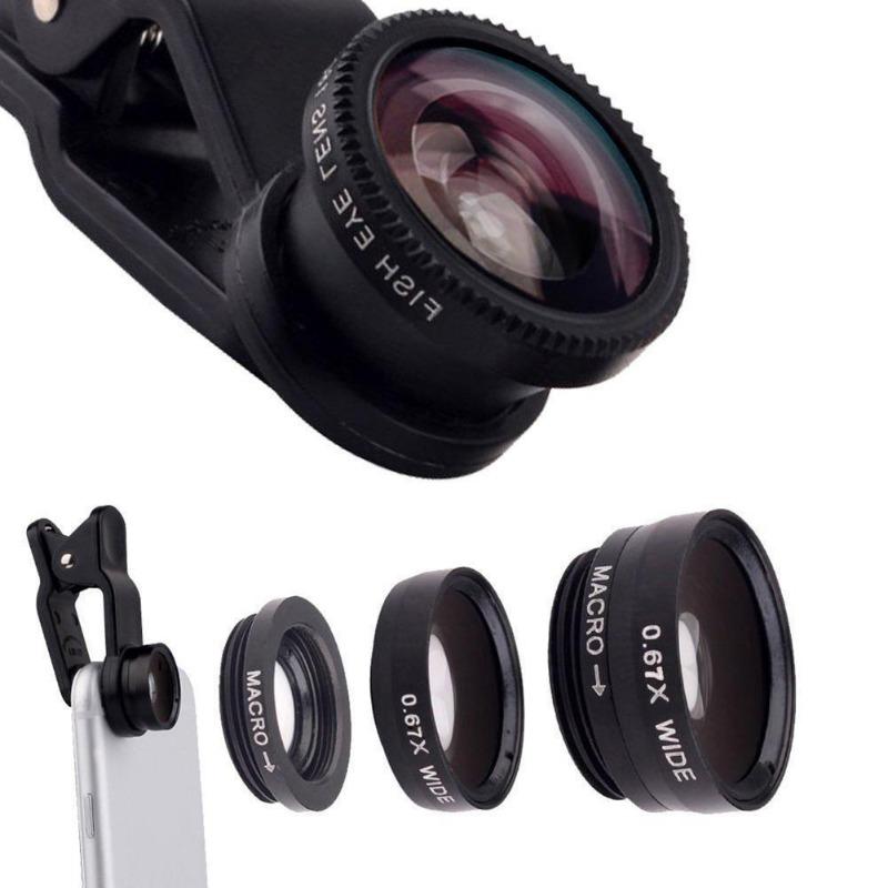 Black 3in1 Fish Eye+Macro+Wide Angle Clip On Camera Lens Kit for Iphone Samsung