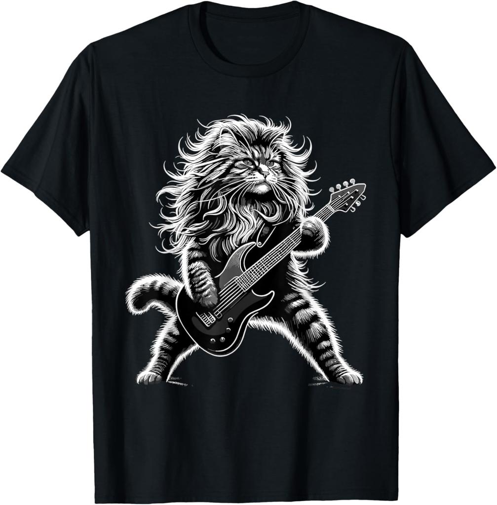 Funny Guitar Cat Rock Humorous Kitty Lover Cat Playing Guitar TShirt Graphic cotton Cute Musical Rock Comics Kitten Outfits Gift