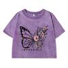 Женские хлопковые выстиранные футболки Летние состаренные футболки обычного кроя Кроп-топы Розовые с принтами бабочек и надписью «Impossible» Одежда