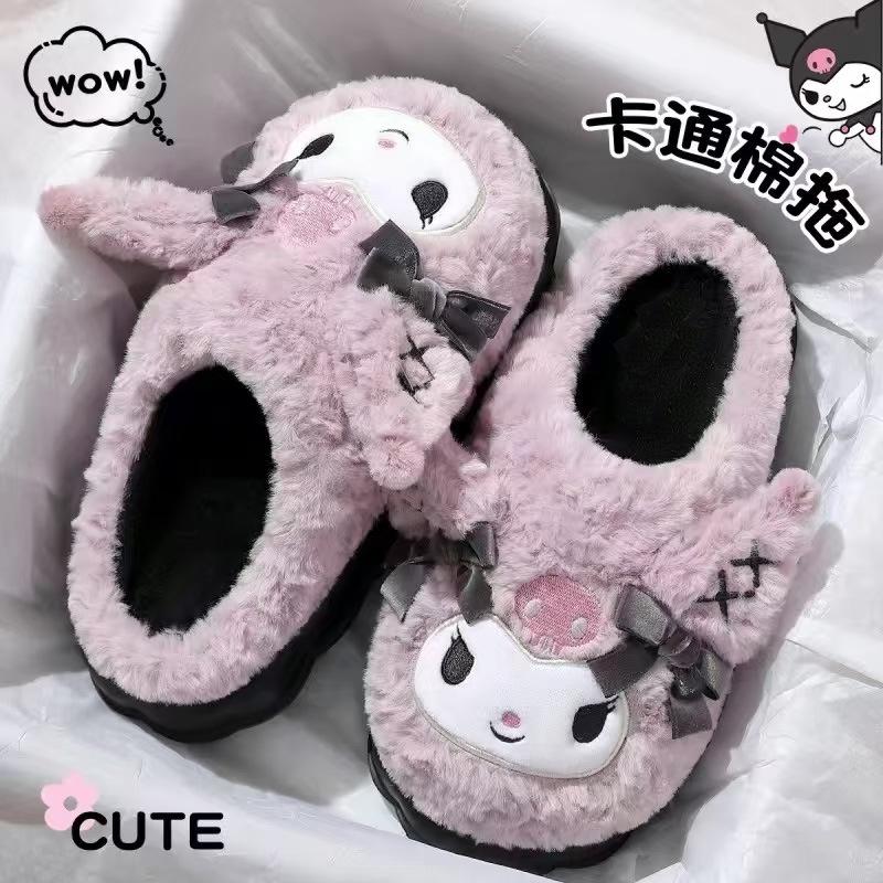 Хлопковые тапочки Kuromi для женщин - Нескользящие, Милый дизайн Sanrio, Плюшевые и утолщенные для осенне-зимнего домашнего использования.