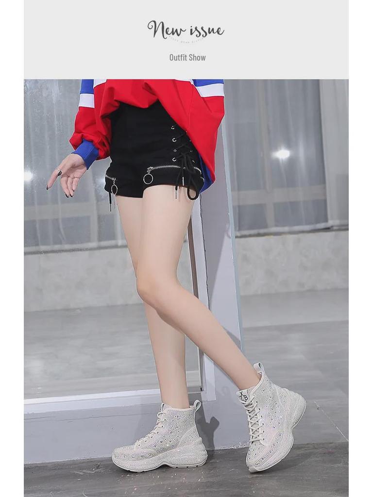 2023 Four Seasons Rhinestone Повседневные туфли с высоким берцем и круглым носком