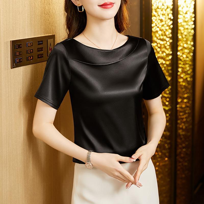 Satin Women Blouse T-shirt Skew Collar Blouses Summer Short Sleeve Womens Tops Solid Elegant Women Clothing OL Shirts for Women