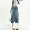 Women's High Waist Retro Denim A-Line Midi Skirt with Pockets and Slit