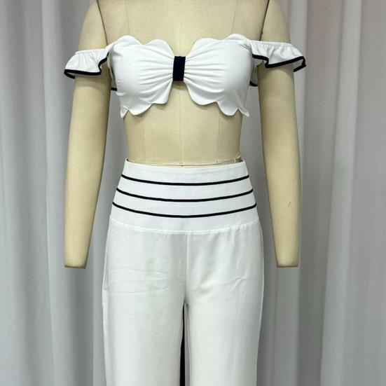 2 Pcs/Set Women Crop Top Pants Suit Low-cut Bandeau Sleeveless Ruffle Backless High Waist Wide Leg Striped Solid Color Commute Soft Summer Tube