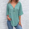 Women Summer Tops V-Neck Half Sleeve Casual Solid Color Tee Shirt Buttons Decor Loose Fit Mid-length Blouse