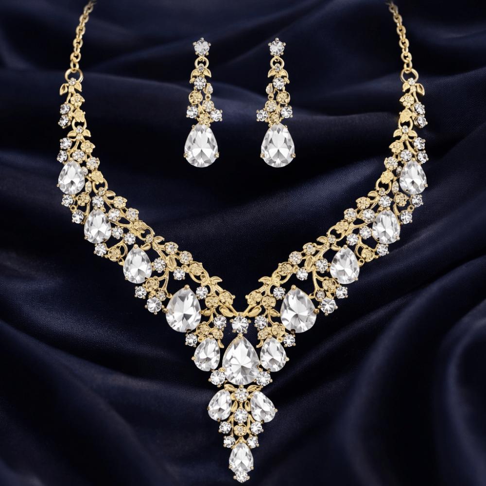 Rhinestone Crystal Necklace Earrings Shining Bridal Jewelry Set  Ball Banquet