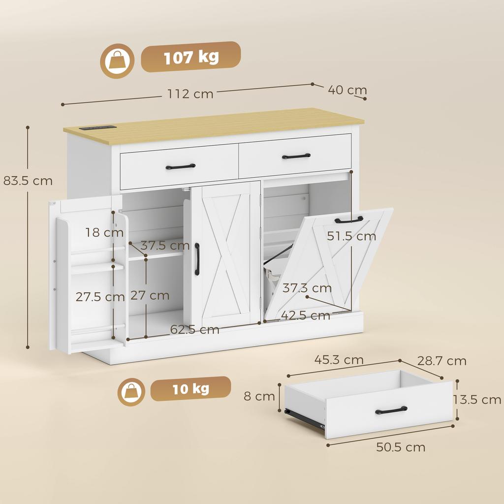Tilt Out Trash Cabinet with Charging Station, Kitchen Island with Storage, 57 Liter Hidden Rubbish Bin Storage, White