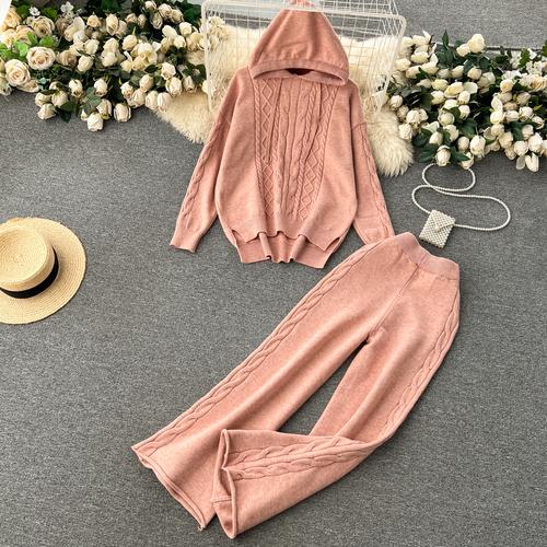 Осенне-зимний женский вязаный свитер, спортивный костюм, модный пуловер с капюшоном, топы и широкие брюки, комплект из двух предметов