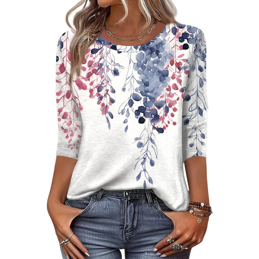 Women's Fashion Casual Round Neck 3/4 Sleeve Loose Printed T-Shirt Ladies Top
