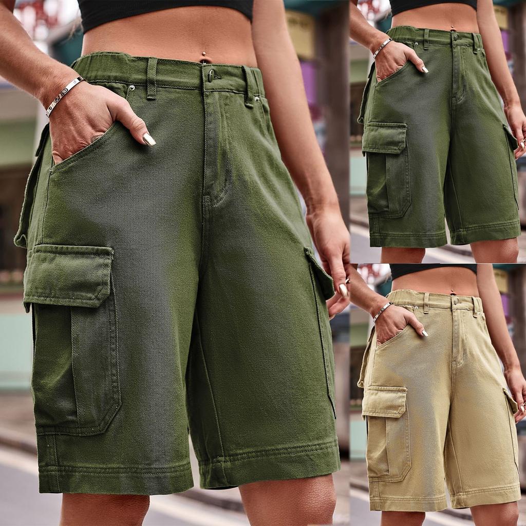 5Colors 2XL Women's Fashion Casual Solid Color Washed Denim Multi-Pocket Belt Overalls Five-Point Shorts