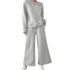 2 Pcs/Set Women Top Pants Suit Round Neck Long Sleeves Textured Solid Color Sweatshirt Elastic Waist Wide Leg Trousers Daily Wear Sport Outfit